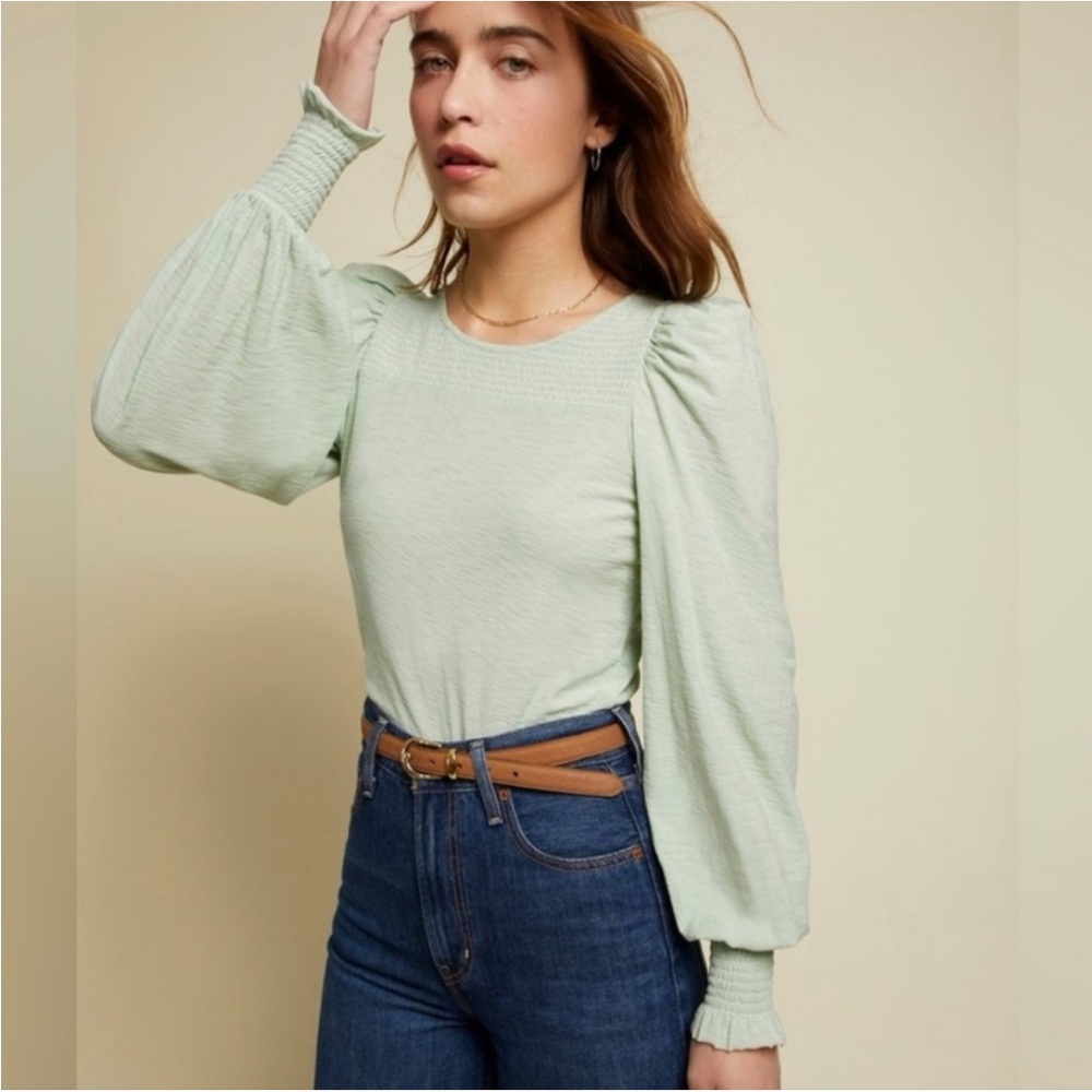 Nation LTD Abigail Festival Smocked Long Sleeve Tee in Green SZ S EUC